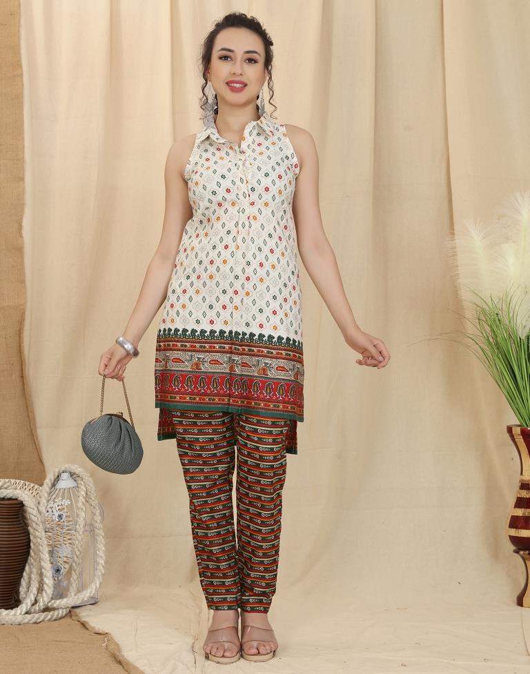 Off White Printed Kurta With Pant