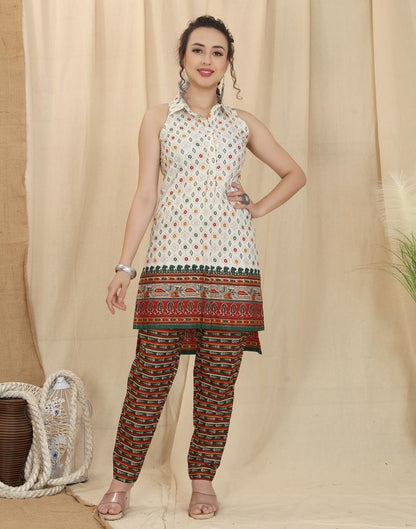 Off White Printed Kurta With Pant