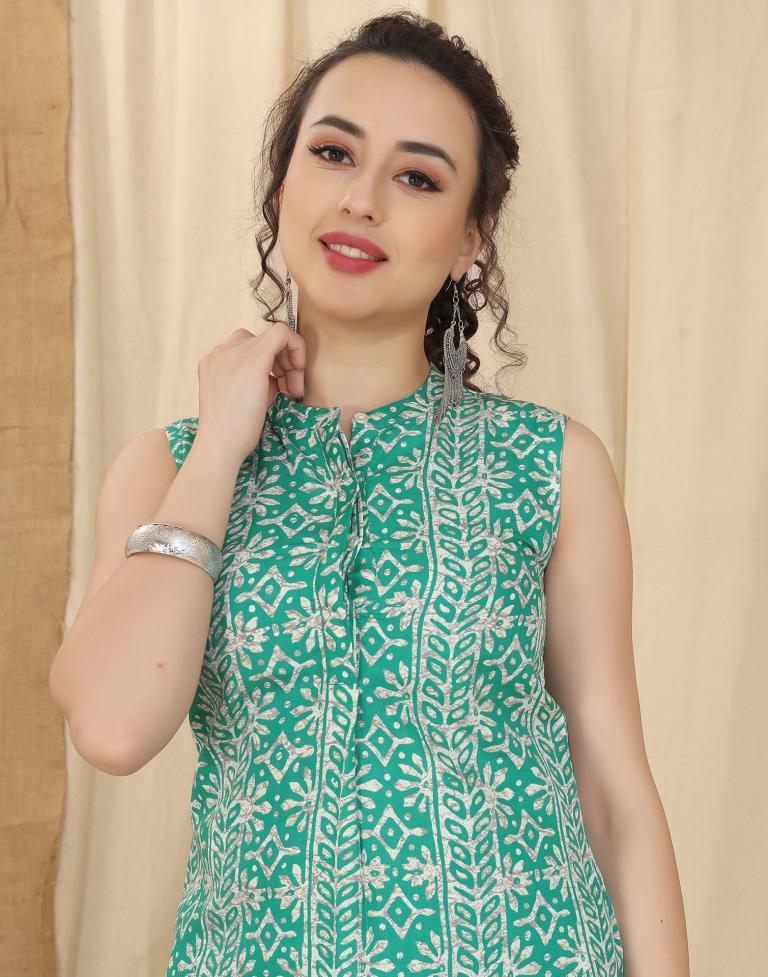 Green Printed Cotton Straight Kurta With Pant