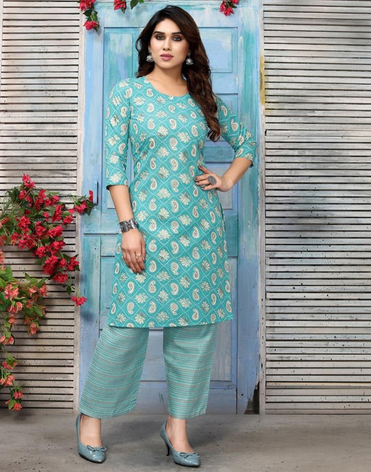 Turquoise Blue Printed Cotton Straight Kurta With Pant