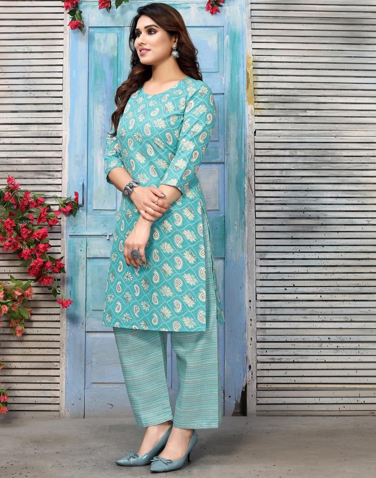 Turquoise Blue Printed Cotton Straight Kurta With Pant
