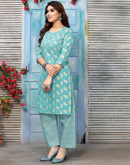 Turquoise Blue Printed Cotton Straight Kurta With Pant