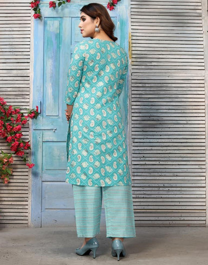 Turquoise Blue Printed Cotton Straight Kurta With Pant