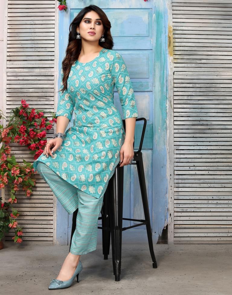Turquoise Blue Printed Cotton Straight Kurta With Pant