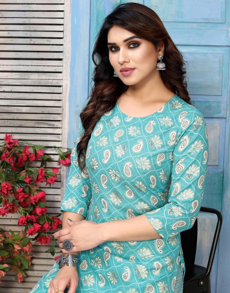 Turquoise Blue Printed Cotton Straight Kurta With Pant