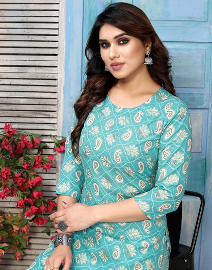 Turquoise Blue Printed Cotton Straight Kurta With Pant