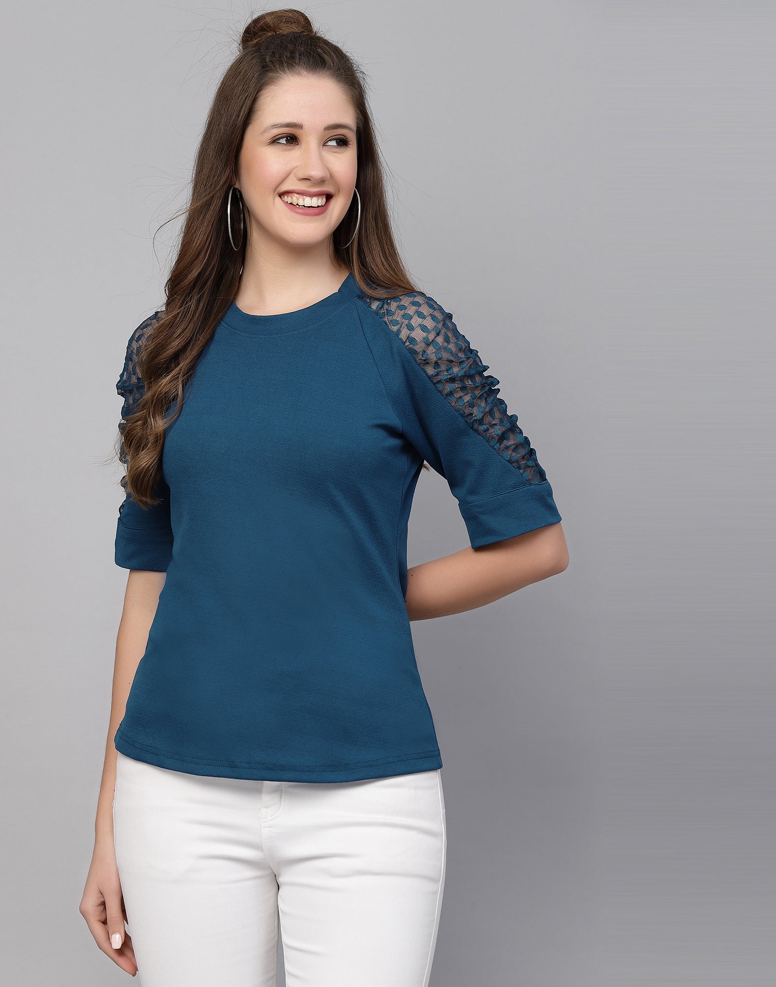 Teal Lycra Balloon sleeve self design Top | Sudathi