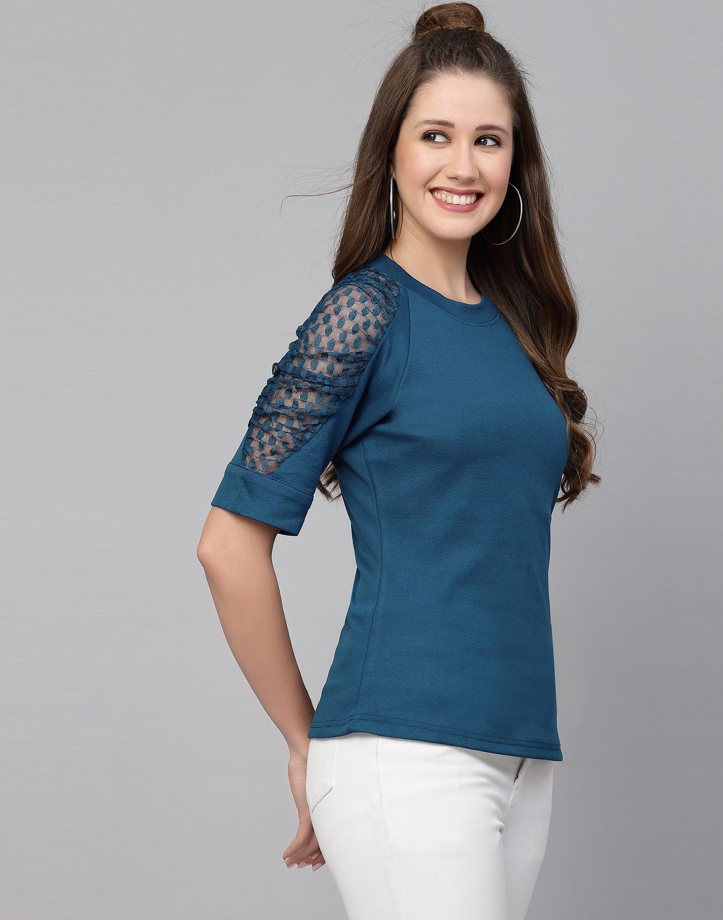 Teal Lycra Balloon sleeve self design Top | Sudathi