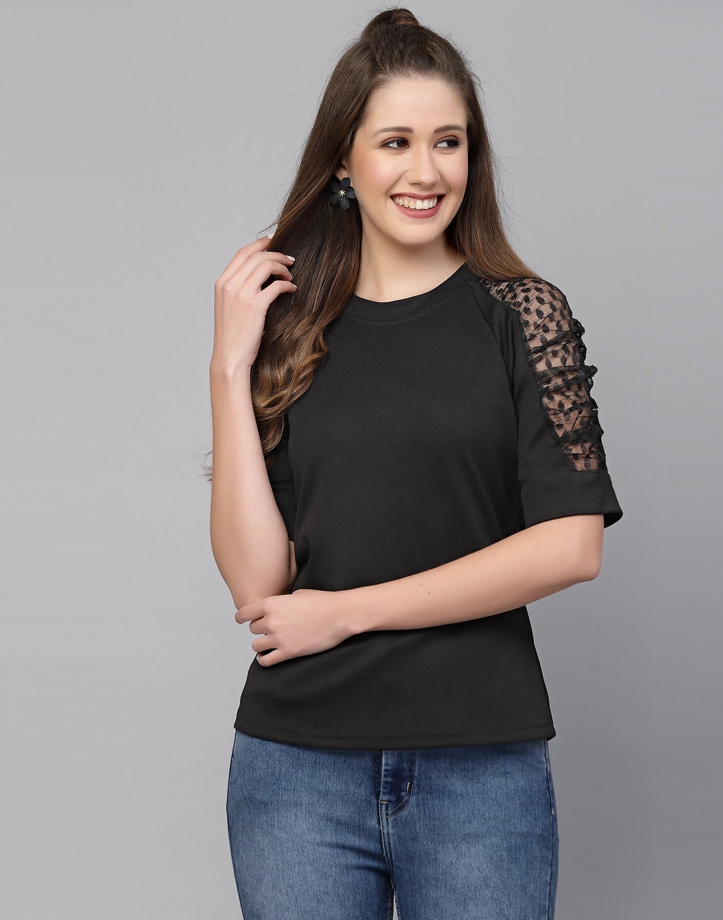 Black Lycra Balloon sleeve self design Top | Sudathi