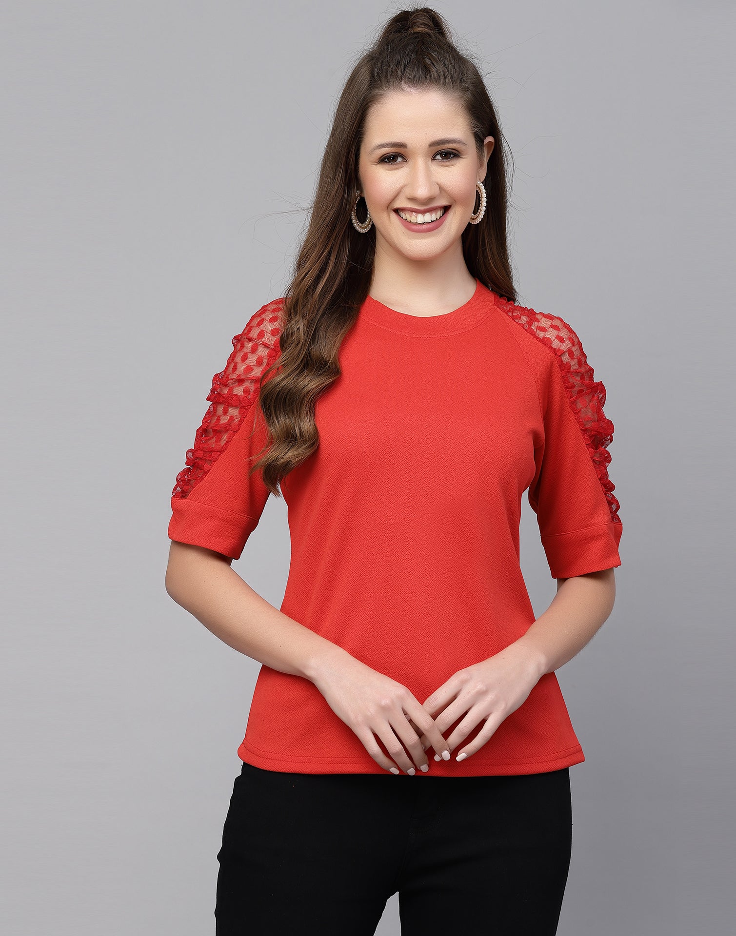 Red Lycra Balloon sleeve self design Top | Leemboodi