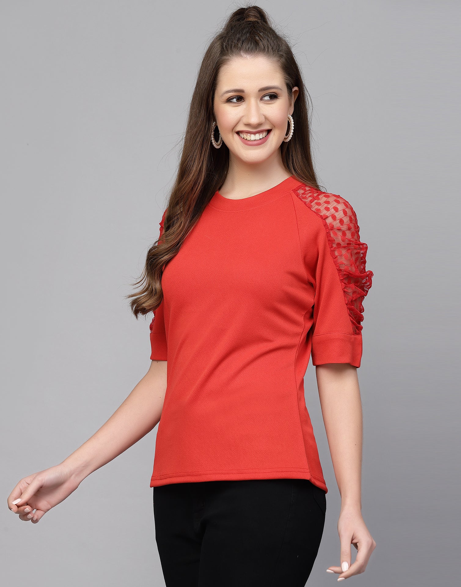 Red Lycra Balloon sleeve self design Top | Leemboodi
