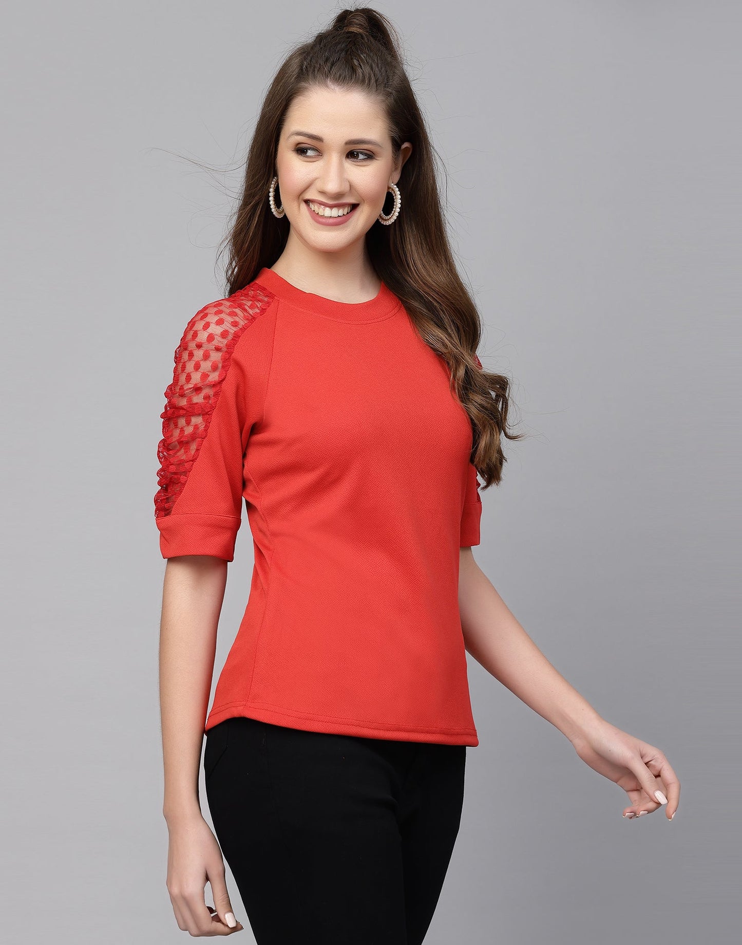 Red Lycra Balloon sleeve self design Top | Leemboodi