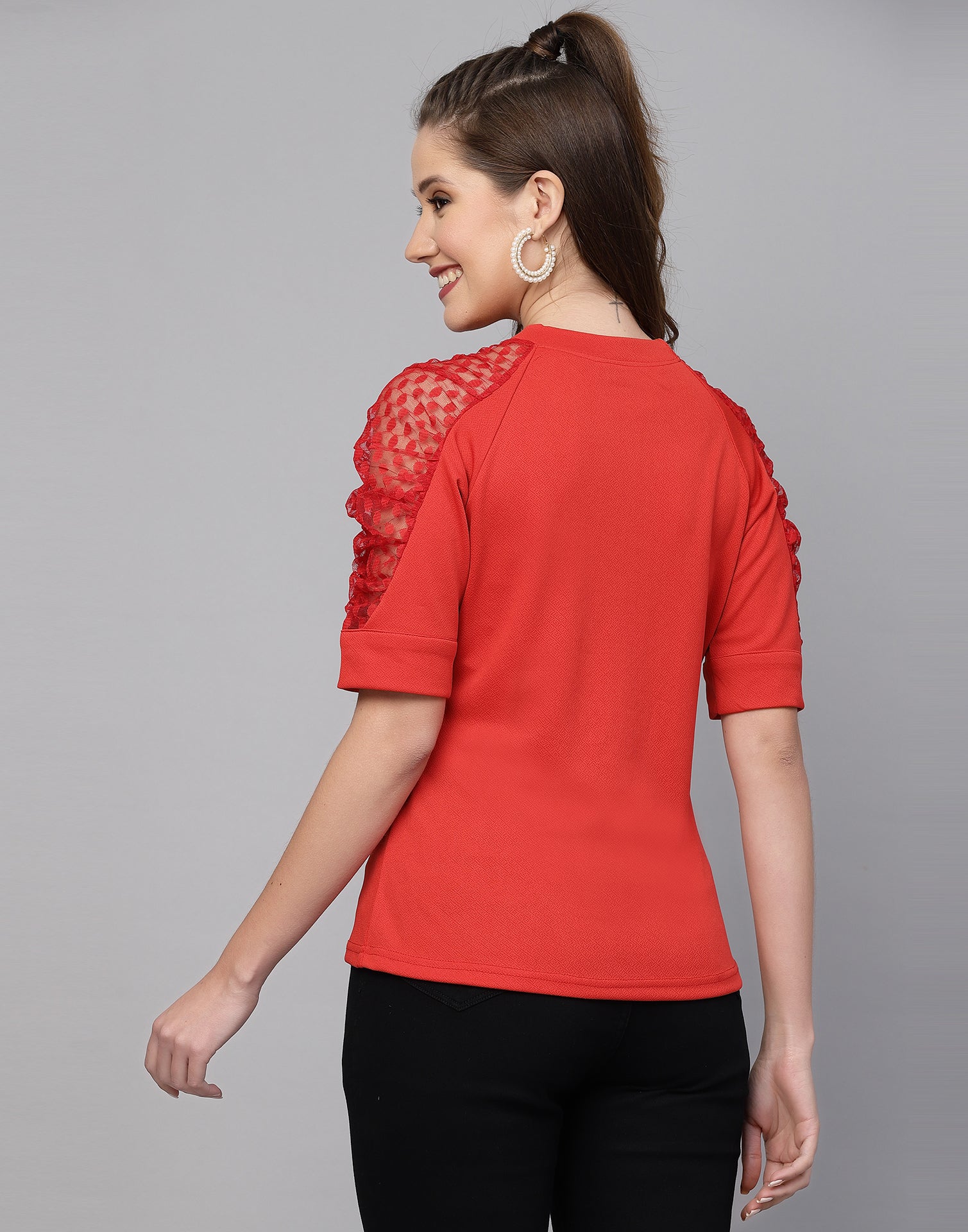 Red Lycra Balloon sleeve self design Top | Leemboodi