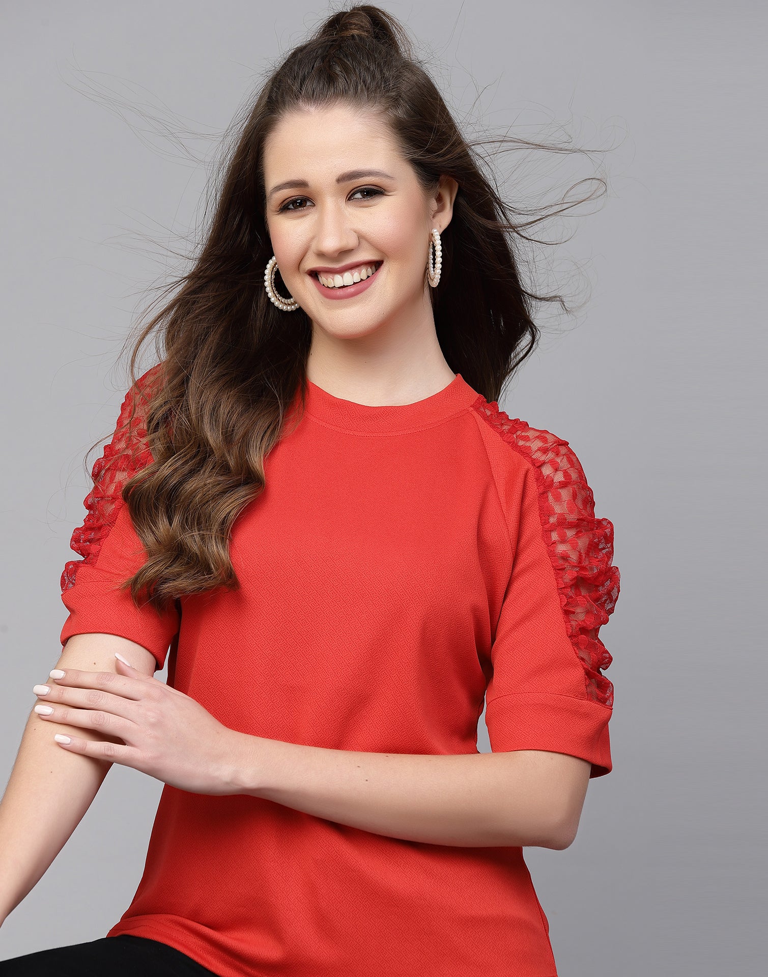 Red Lycra Balloon sleeve self design Top | Leemboodi