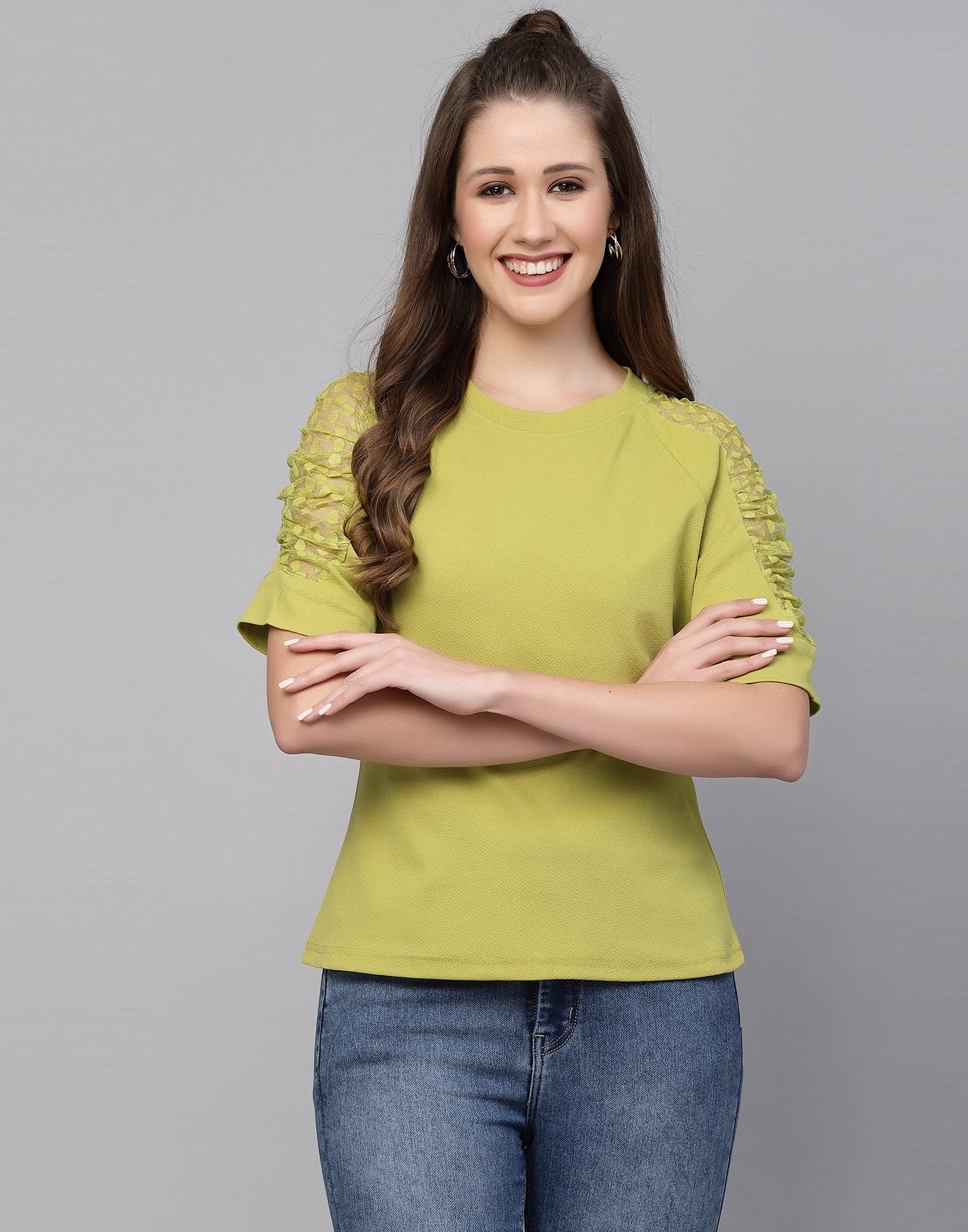 Green Lycra Balloon sleeve self design Top | Sudathi