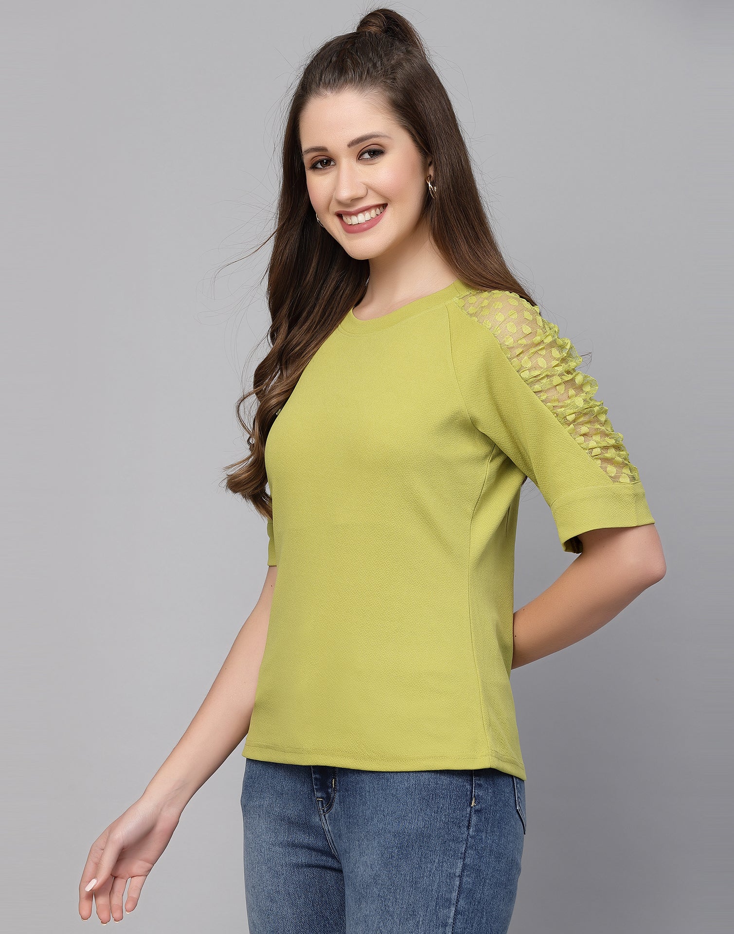 Green Lycra Balloon sleeve self design Top | Sudathi