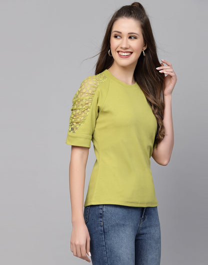 Green Lycra Balloon sleeve self design Top | Sudathi