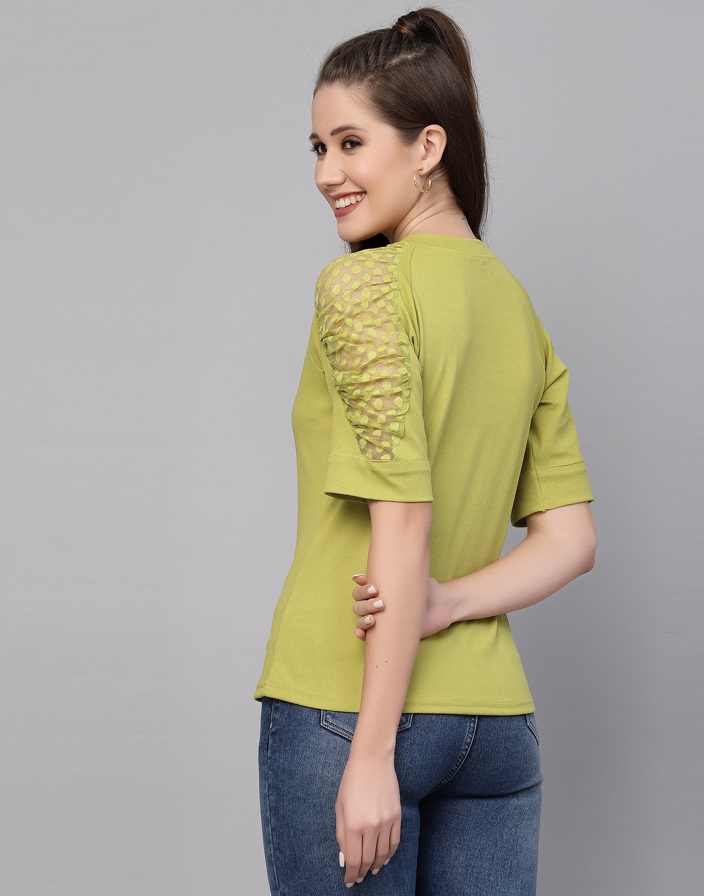 Green Lycra Balloon sleeve self design Top | Sudathi