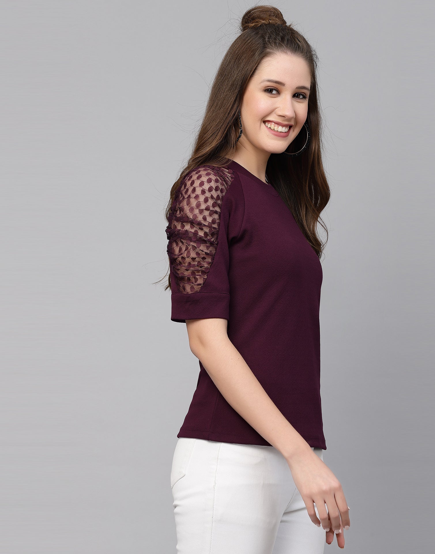 Wine Lycra Balloon sleeve self design Top | Sudathi