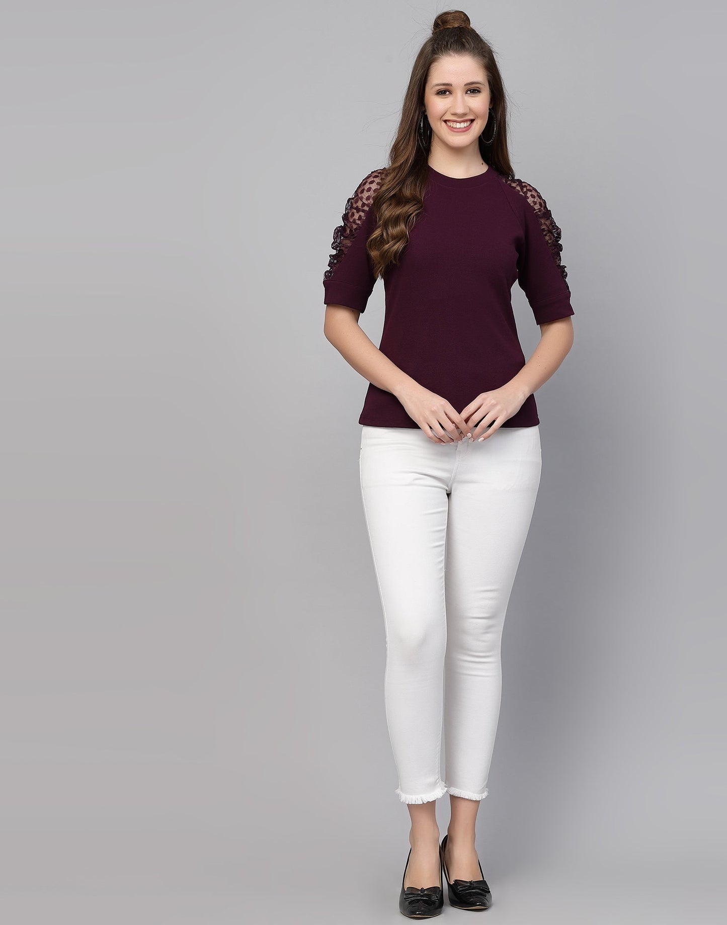 Wine Lycra Balloon sleeve self design Top | Sudathi