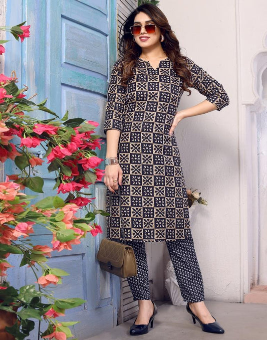 Navy Blue Printed Kurta With Pant