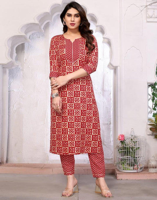 Red Printed Kurta With Pant