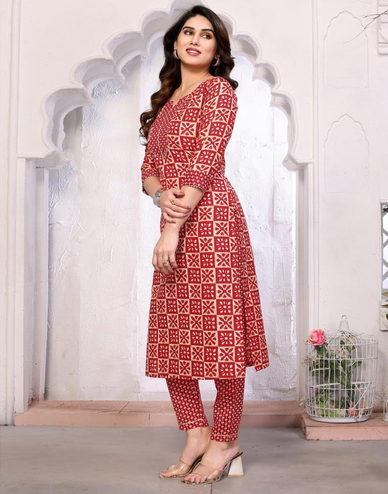 Red Printed Kurta With Pant