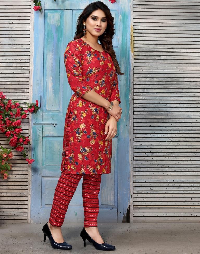 Red Printed Kurta With Pant