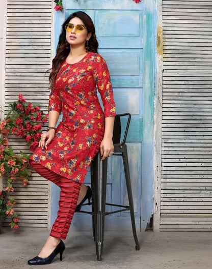 Red Printed Kurta With Pant