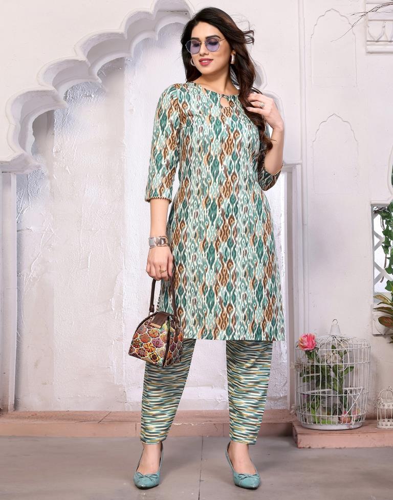 Sea Green Printed Kurta With Pant