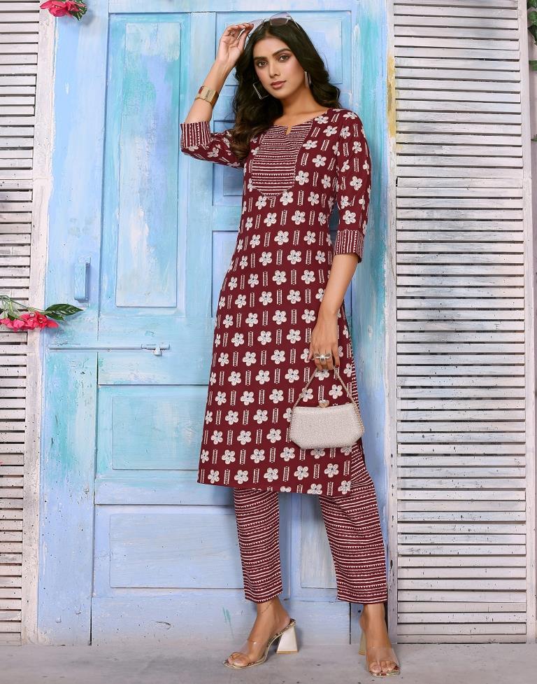 Maroon Printed Kurta With Pant