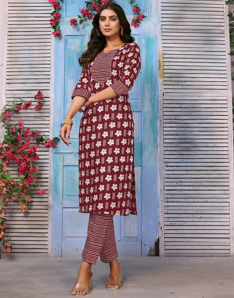 Maroon Printed Kurta With Pant