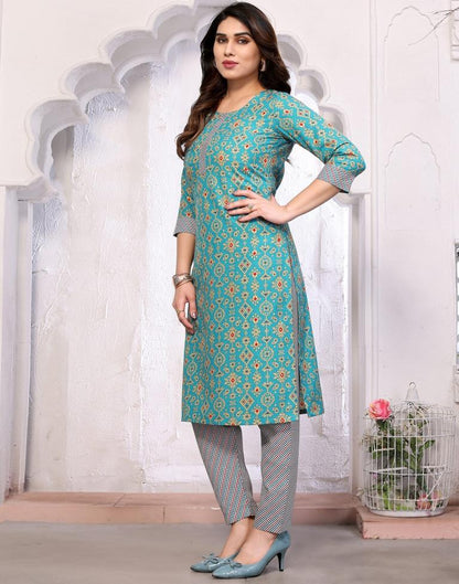 Sea Green Printed Kurta With Pant