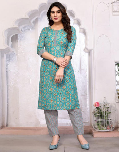 Sea Green Printed Kurta With Pant