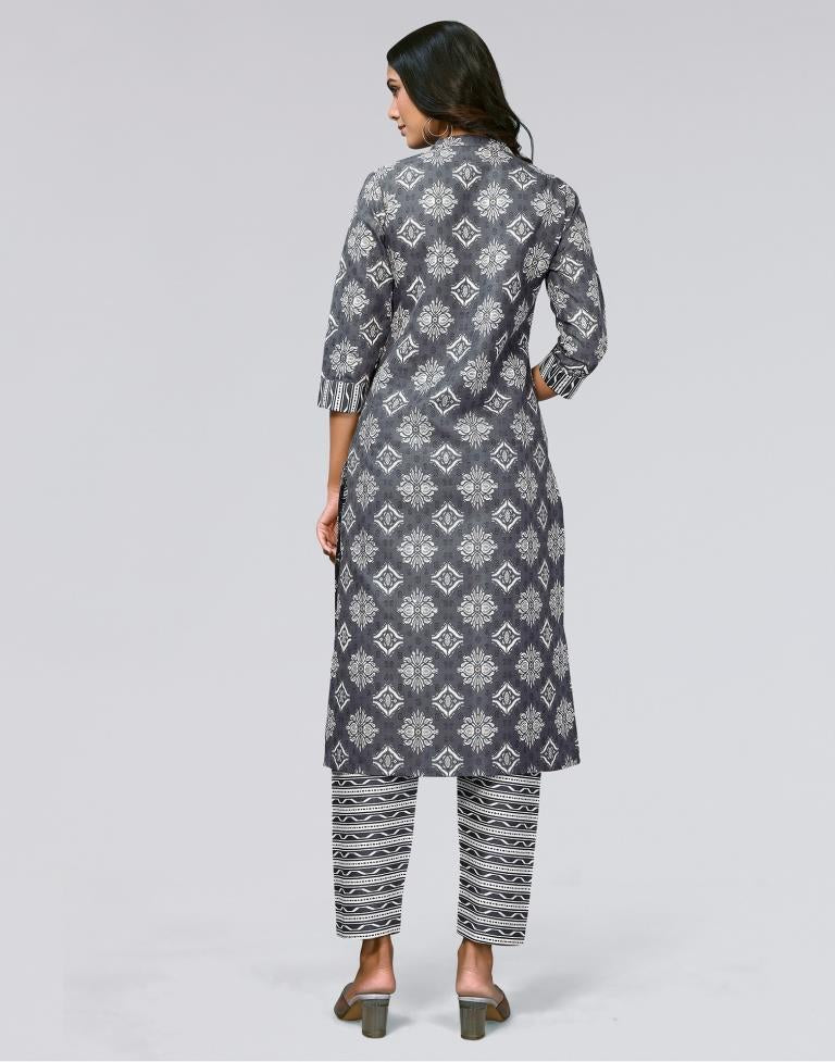 Grey Printed Cotton Straight Kurta With Pant
