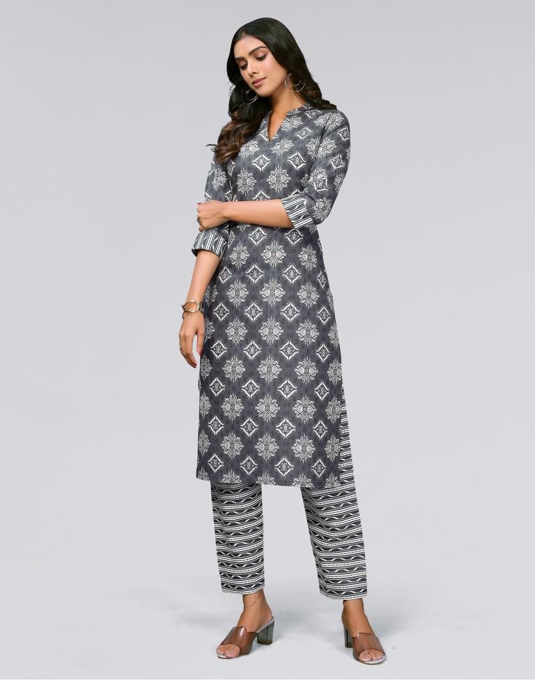 Grey Printed Cotton Straight Kurta With Pant