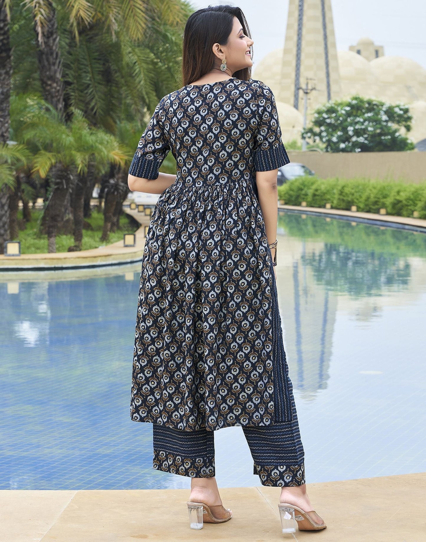 Navy Blue Printed Cotton A-Line Kurta With Pant