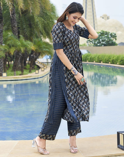 Navy Blue Printed Cotton A-Line Kurta With Pant