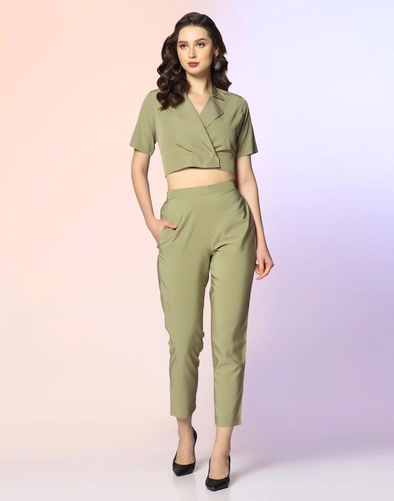 Light Olive Green Crepe Plain Co-ord Set