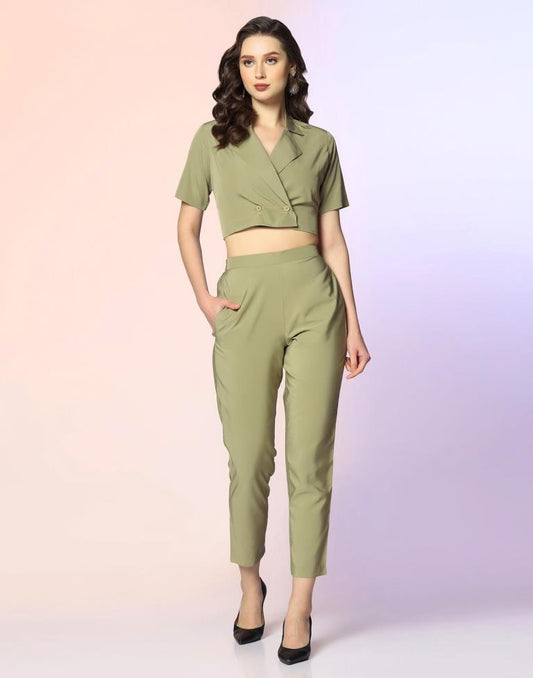 Light Olive Green Crepe Plain Co-ord Set