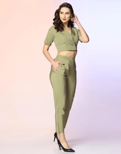 Light Olive Green Crepe Plain Co-ord Set