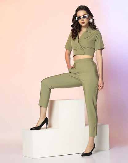 Light Olive Green Crepe Plain Co-ord Set