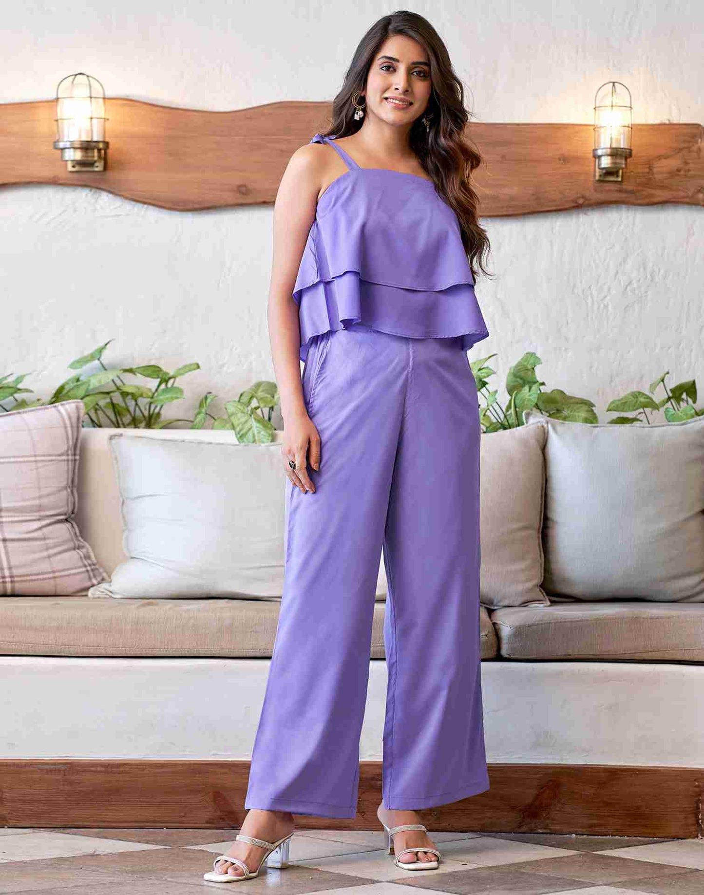 Lavender Polyester Plain Co-ord Set