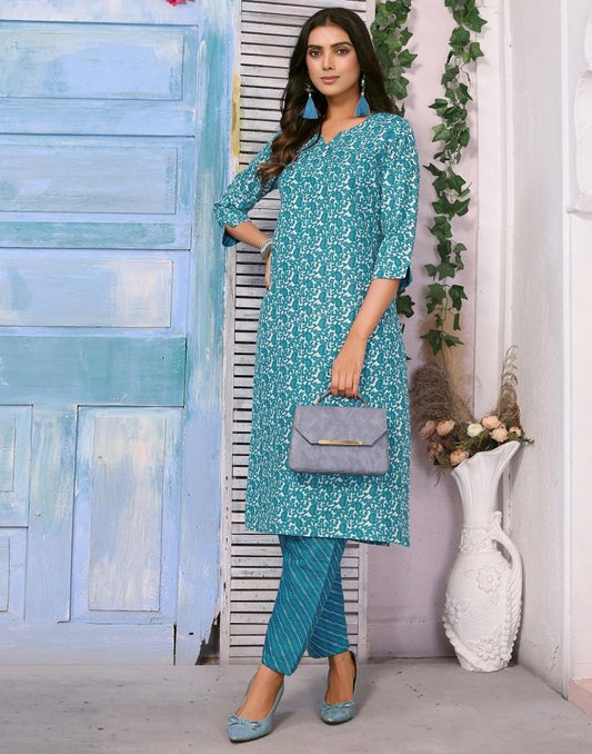 Blue Printed Kurta With Pant