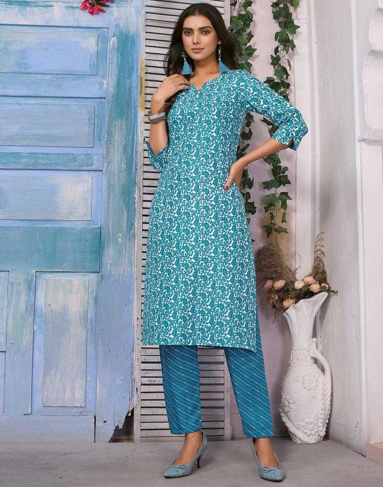 Blue Printed Kurta With Pant