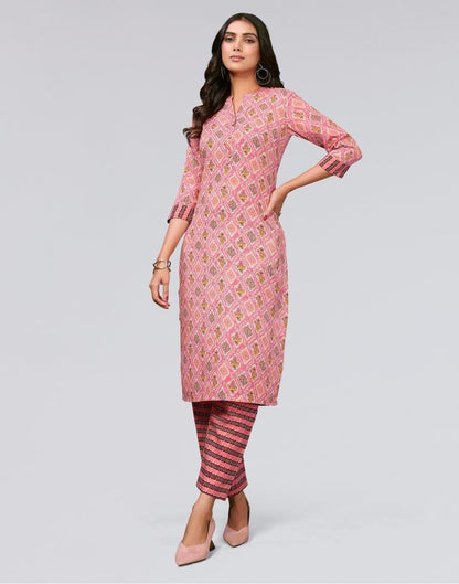 Pink Printed Cotton Straight Kurta With Pant