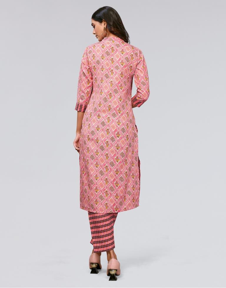 Pink Printed Cotton Straight Kurta With Pant