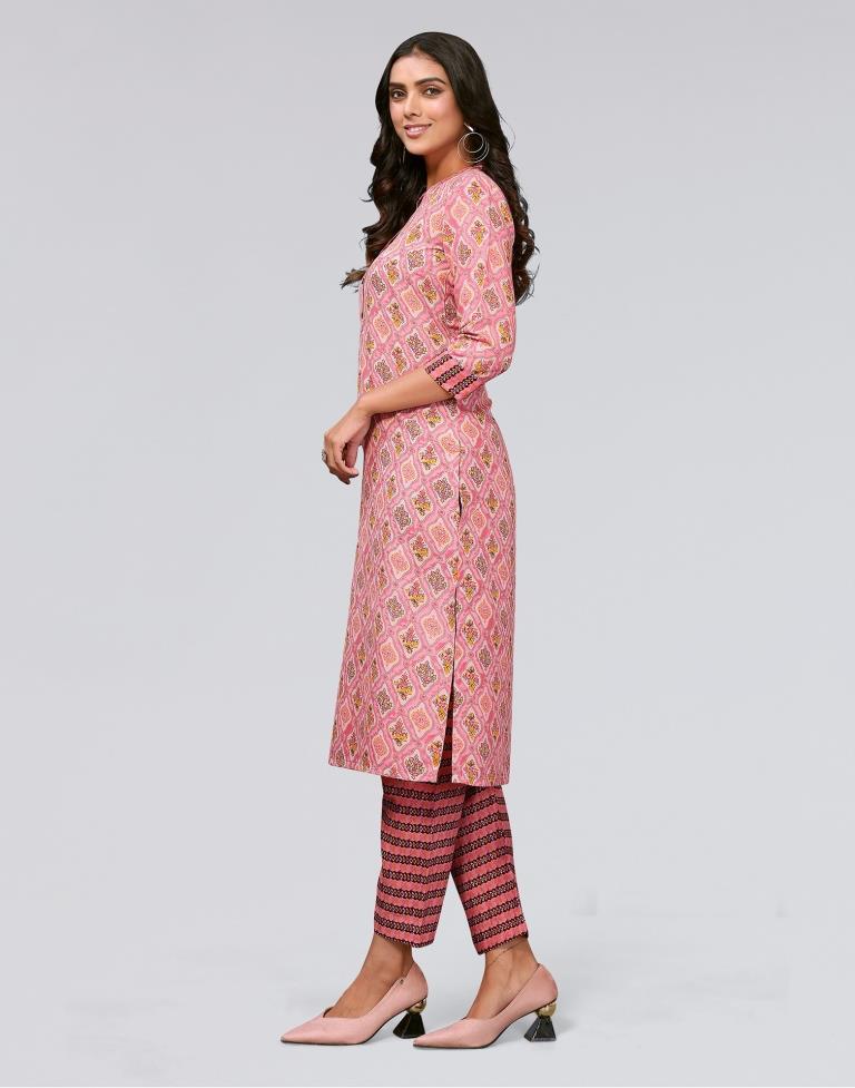 Pink Printed Cotton Straight Kurta With Pant