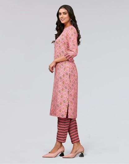 Pink Printed Cotton Straight Kurta With Pant