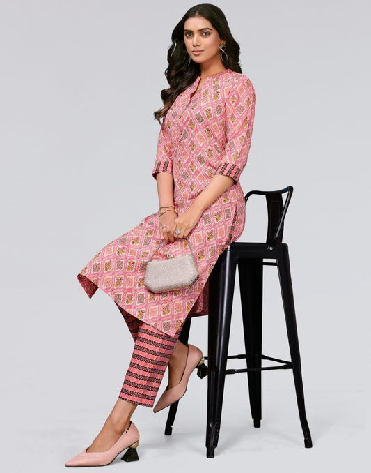 Pink Printed Cotton Straight Kurta With Pant